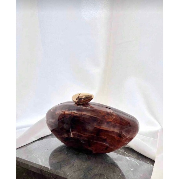 Marbled Tortoise Shell Pebble Clutch Bag Brown Acrylic Evening Bag Gold Chain - Picture 5 of 8